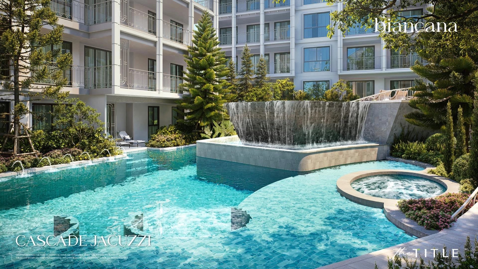 Cascade jacuzzi beside the waterfall wall that feeds the pool
