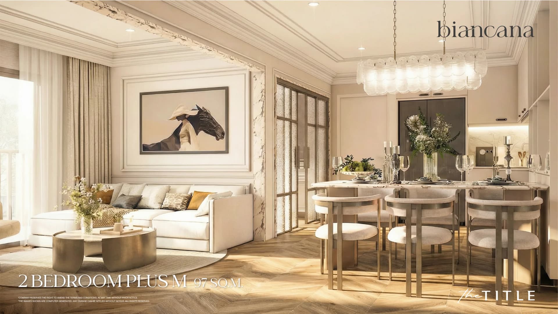 2 Bedroom Plus M, 97 m²: salón y comedor para seis bajo una lámpara de cristal