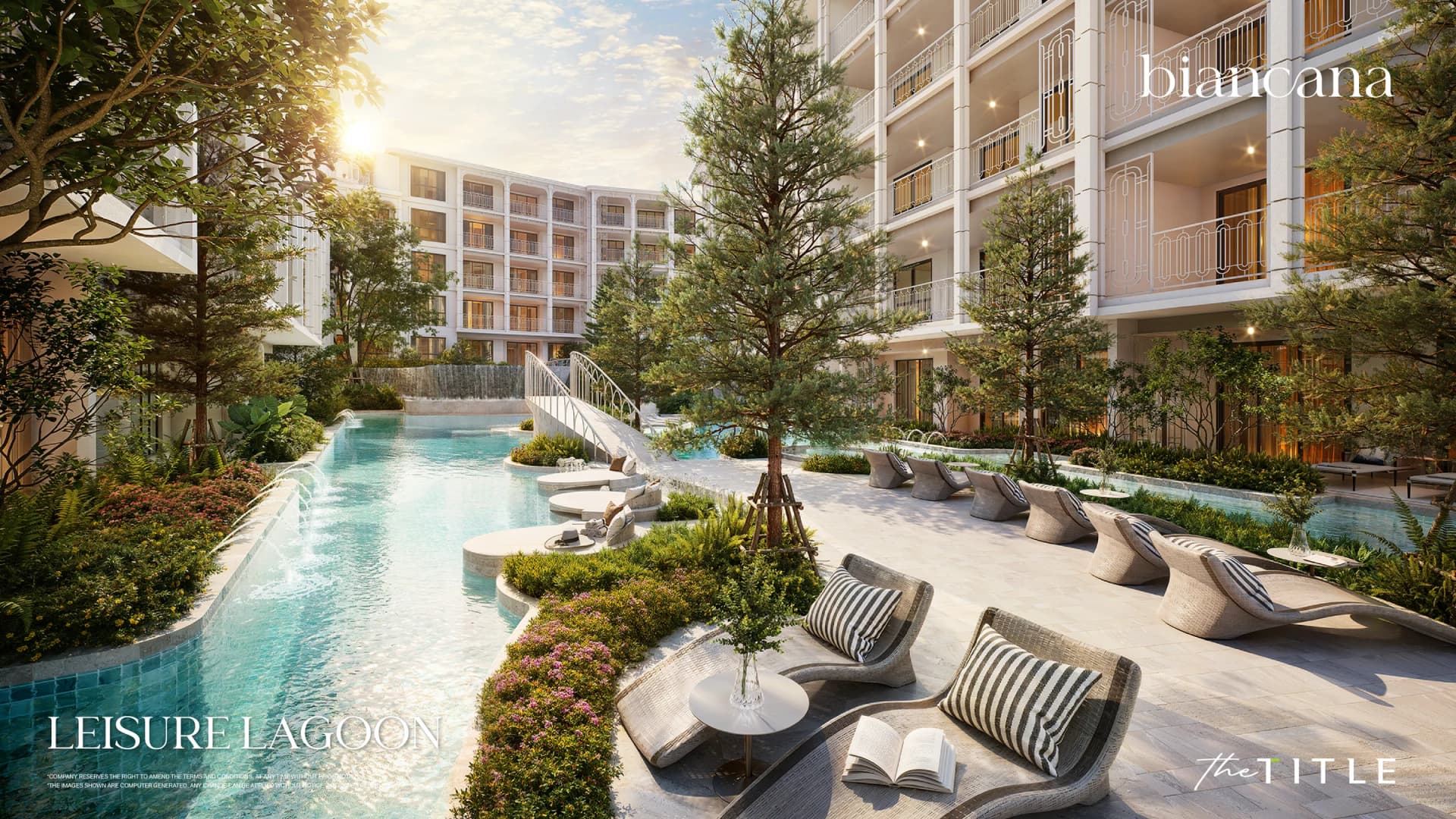 Leisure lagoon winding between the buildings, striped loungers on a stone deck